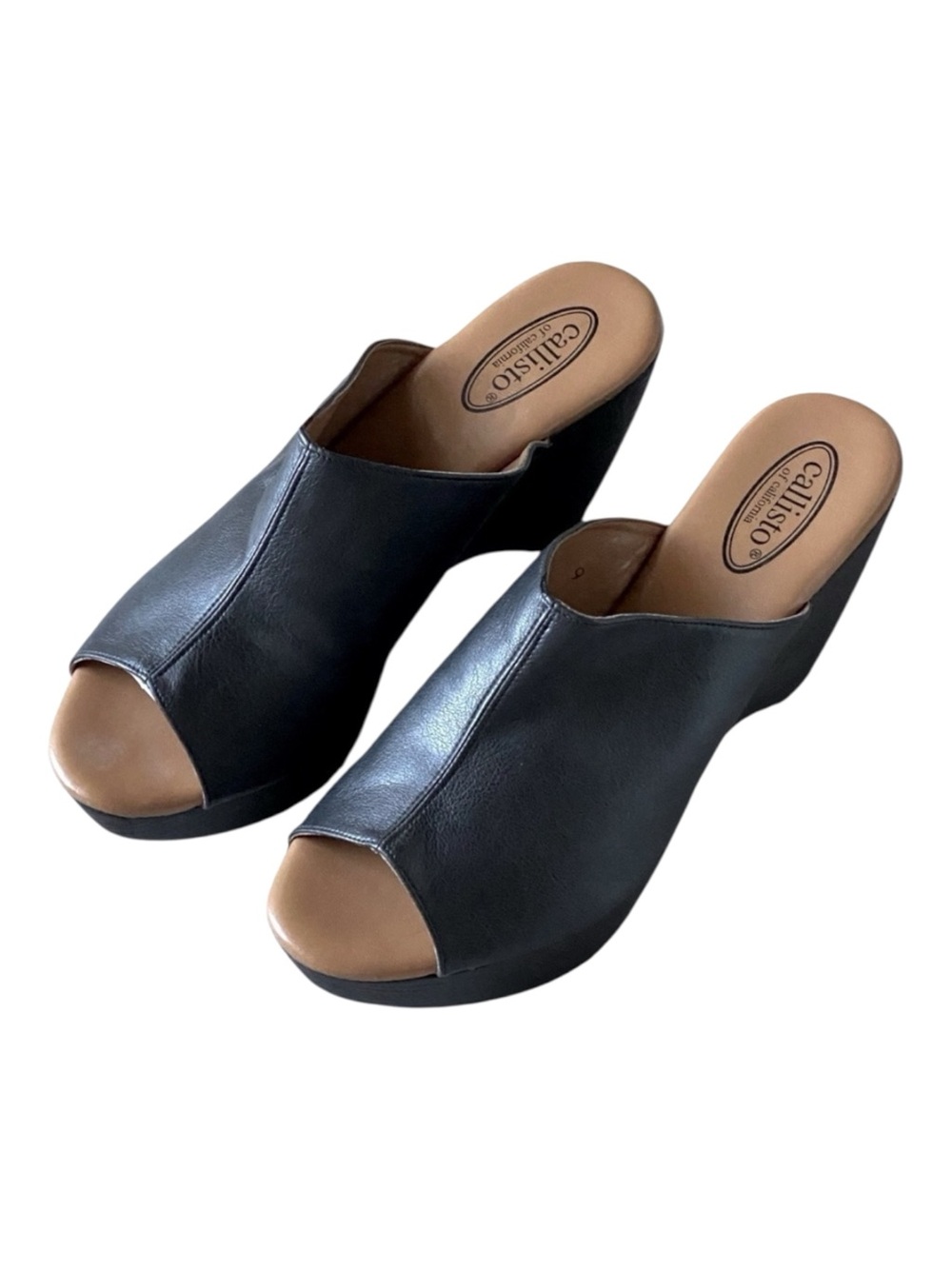 CALLISTO Leather Platform Wooden Wedge Mules Clogs Open Toe Gothic Size 9 Black